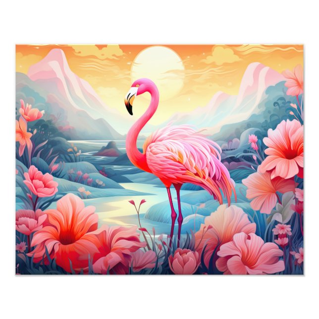 Tropisk Flamingo med Blommor Fototryck (Framsidan)