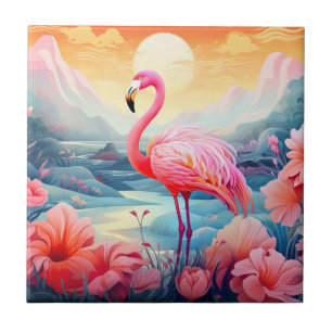 Tropisk Flamingo med blommor Kakelplatta