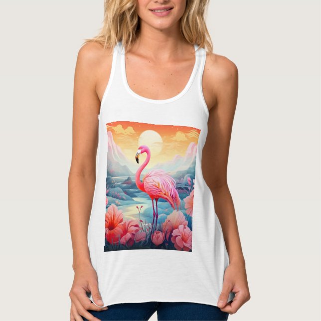 Tropisk Flamingo med Blommor Linne Med Racerback (Framsida)