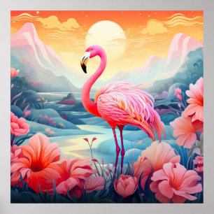Tropisk Flamingo med Blommor Poster