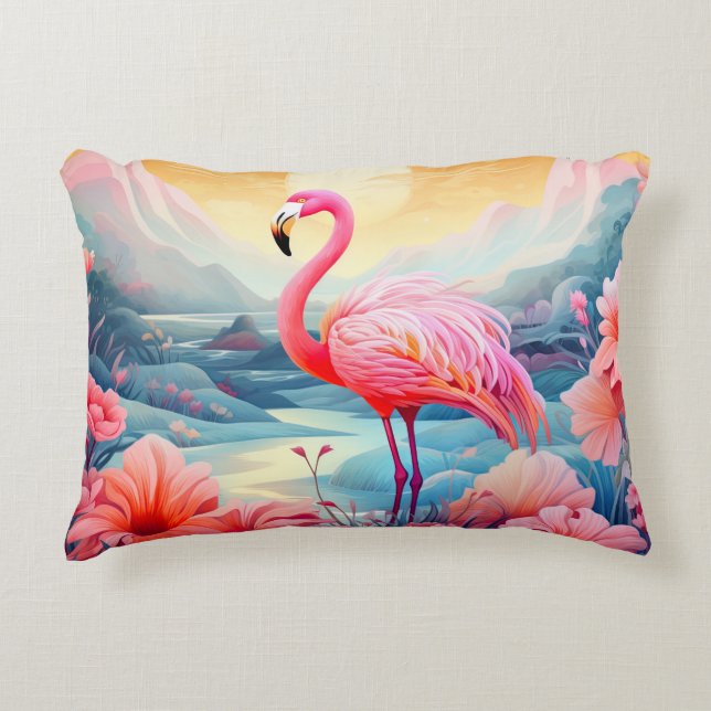 Tropisk Flamingo med blommor Prydnadskudde (Framsidan)