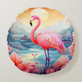 Tropisk Flamingo med Blommor Rund Kudde