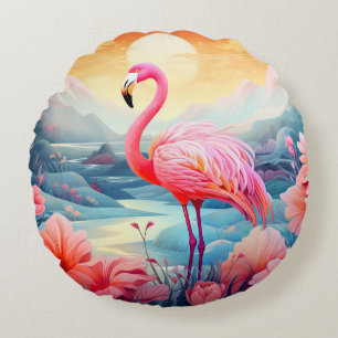 Tropisk Flamingo med Blommor Rund Kudde