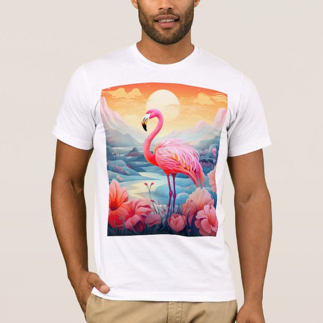 Tropisk Flamingo med Blommor T Shirt (Framsida)