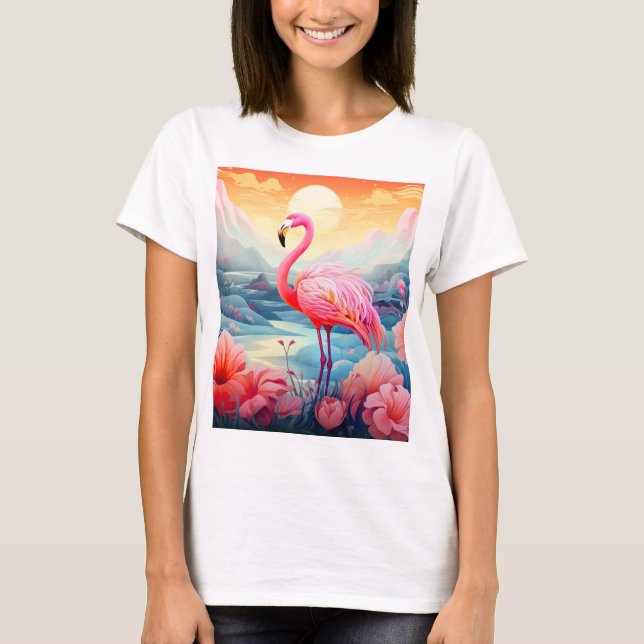 Tropisk Flamingo med blommor T Shirt (Framsida)
