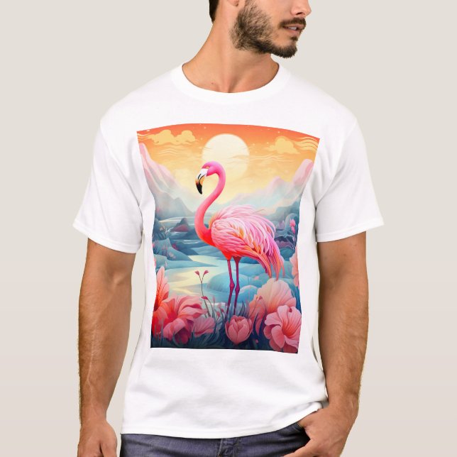 Tropisk Flamingo med blommor T Shirt (Framsida)