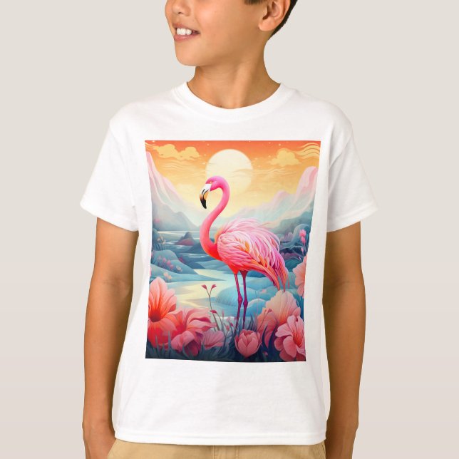 Tropisk Flamingo med Blommor T Shirt (Framsida)