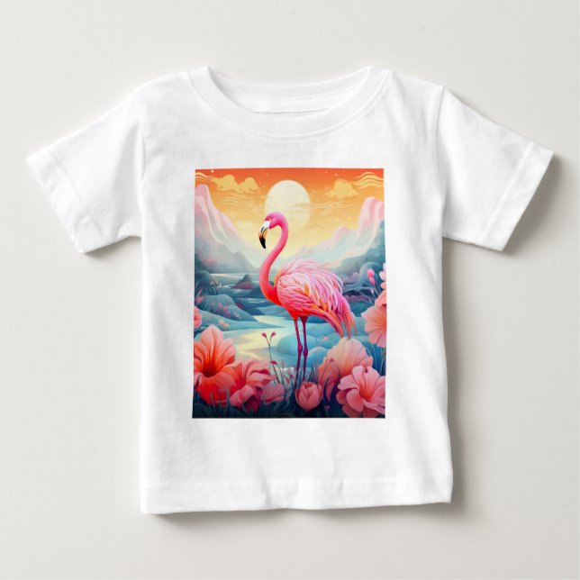 Tropisk Flamingo med Blommor T Shirt (Framsida)