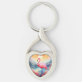 Tropisk Flamingo med blommor Twisted Heart Silverfärgad Nyckelring