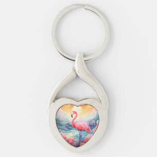 Tropisk Flamingo med blommor Twisted Heart Silverfärgad Nyckelring