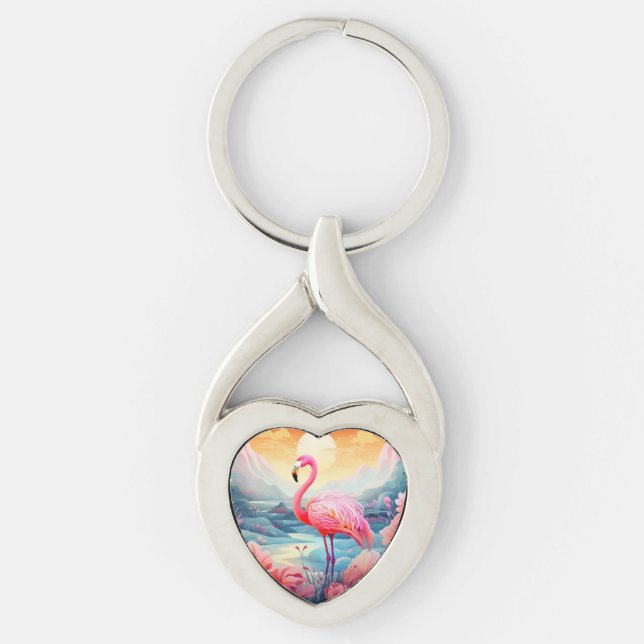Tropisk Flamingo med blommor Twisted Heart Silverfärgad Nyckelring (Framsidan)