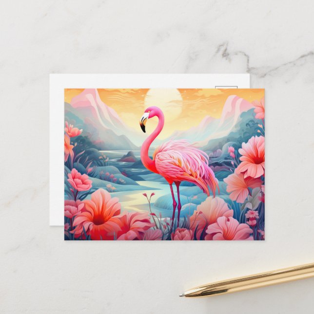 Tropisk Flamingo med Blommor Vykort (Fram/Back In Situ)