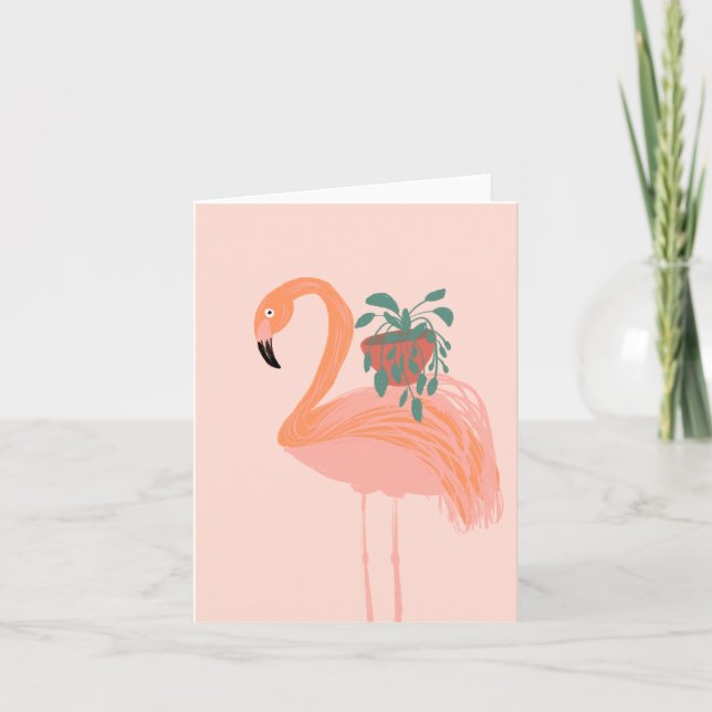 Tropisk Flamingo med krukväxt Handritad    Anteckningskort (Framsida)
