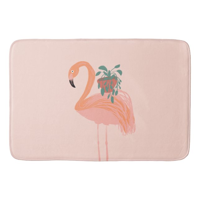 Tropisk Flamingo med krukväxt Handritad     Badrumsmatta (Framsidan)