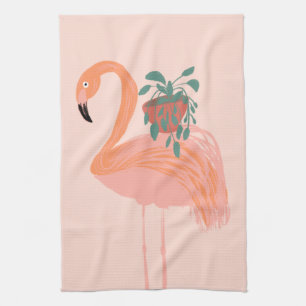 Tropisk Flamingo med Krukväxt Handritad Kökshandduk
