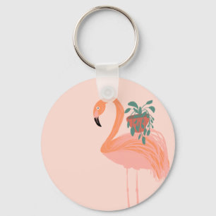 Tropisk Flamingo med krukväxt Handritad    Nyckelring