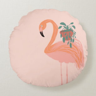 Tropisk flamingo med krukväxt Handritad Rund Kudde