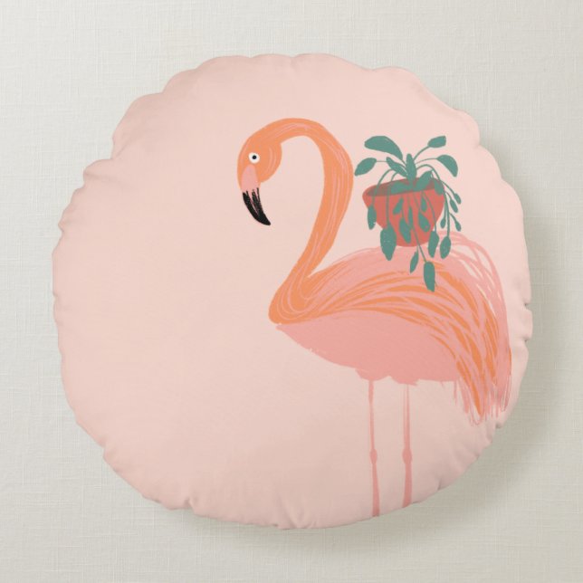 Tropisk flamingo med krukväxt Handritad    Rund Kudde (Framsidan)