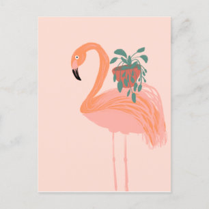 Tropisk flamingo med krukväxt Handritad Vykort