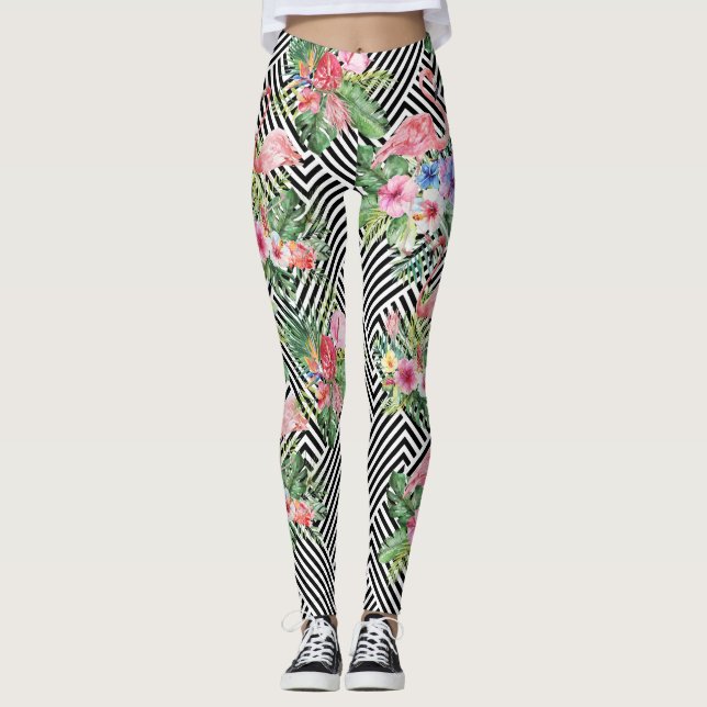 Tropisk flamingo på geometrisk mönsterdamasker leggings (Framsida)