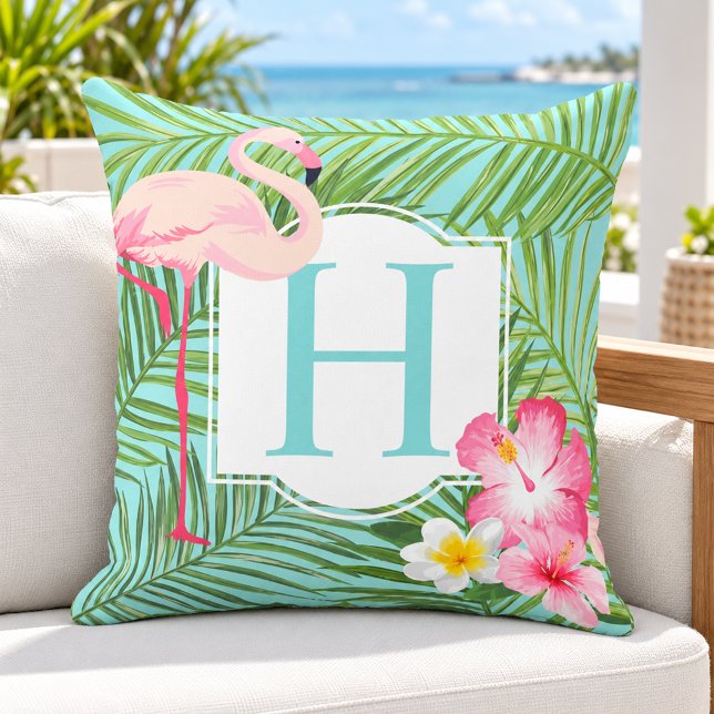 Tropisk Flamingo Palm Hibiskus Monogram Initial Kudde (Skapare uppladdad)