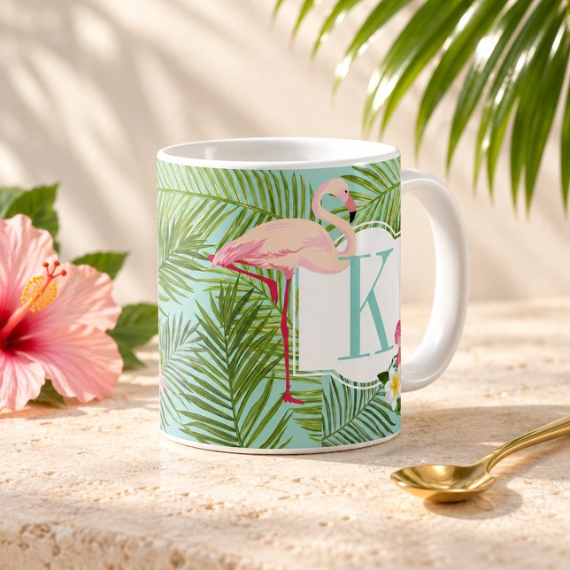 Tropisk Flamingo Palmblad Monogram Kaffemugg (Skapare uppladdad)