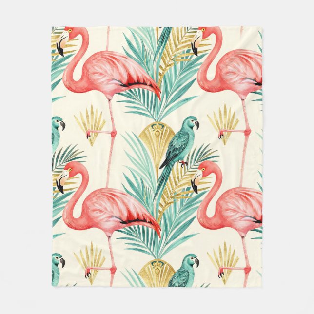 Tropisk Flamingo Papegoja Dschungel Fleecefilt (Framsidan)