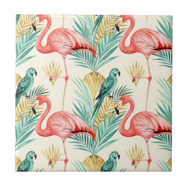 Tropisk Flamingo Papegoja Dschungel Kakelplatta (Framsidan)