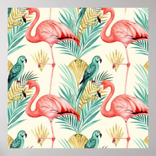 Tropisk Flamingo Papegoja Dschungel Poster (Framsidan)
