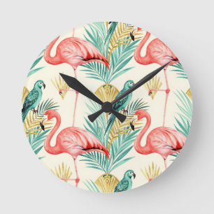 Tropisk Flamingo Papegoja Dschungel Rund Klocka