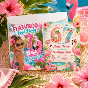 Tropisk Flamingo Pool Party 7-års Födelsedagsstänk Inbjudningar