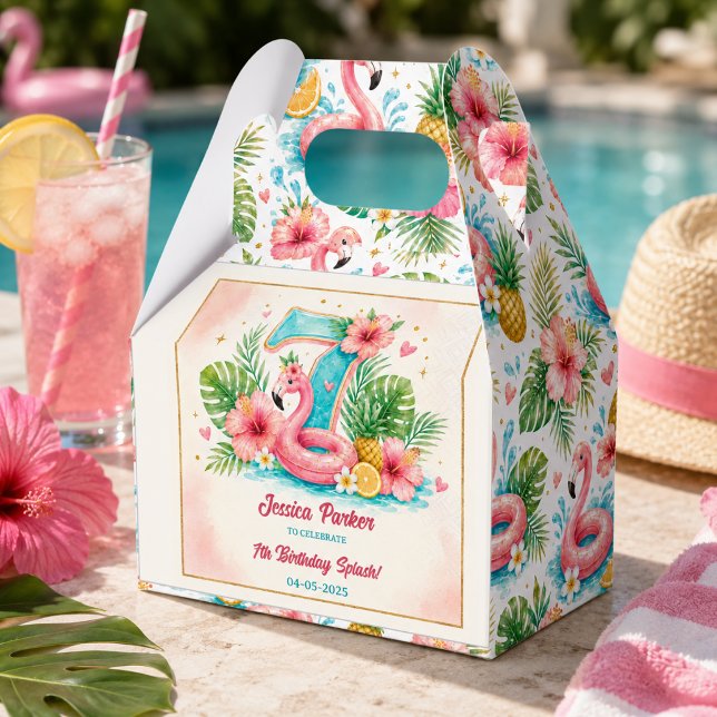 Tropisk Flamingo Pool Party 7-års födelsedagsstänk Presentaskar (Tropical Flamingo Pool Party 7th Birthday Splash Favor Boxes
)