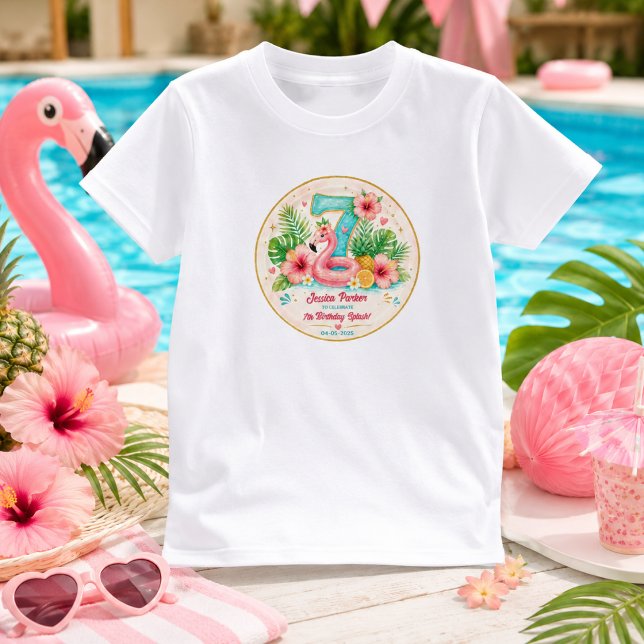 Tropisk Flamingo Pool Party 7-års Födelsedagsstänk T Shirt (Tropical Flamingo Pool Party 7th Birthday Splash T-Shirt
)