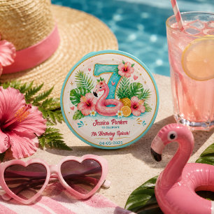 Tropisk Flamingo Pool Party 7-års Splash Födelseda Knapp