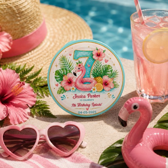 Tropisk Flamingo Pool Party 7-års Splash Födelseda Knapp (Tropical Flamingo Pool Party 7th Birthday Splash Button
)