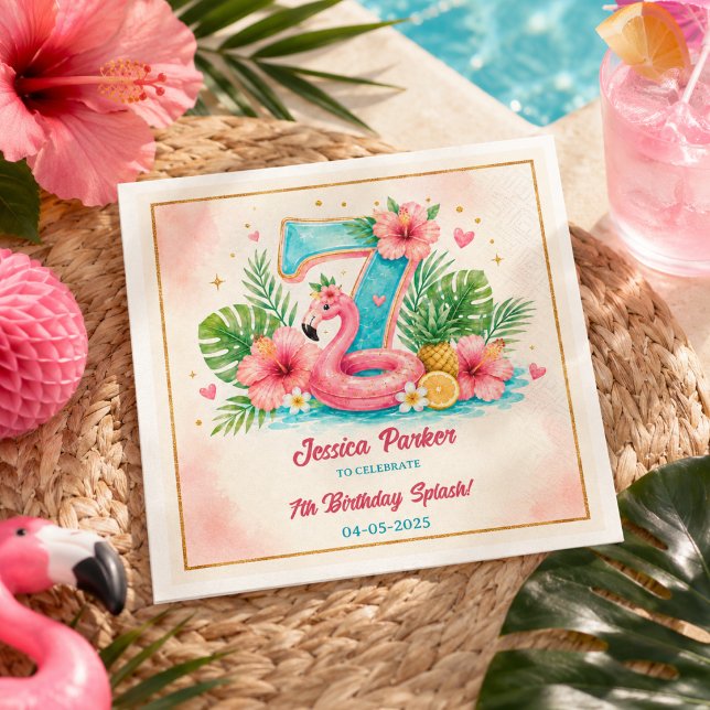 Tropisk Flamingo Pool Party 7-års Splash Födelseda Pappersservett (Tropical Flamingo Pool Party 7th Birthday Splash Napkins
)