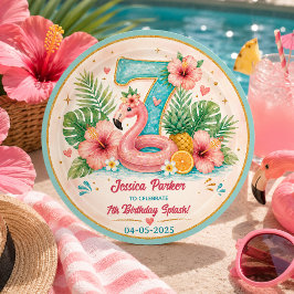 Tropisk Flamingo Pool Party 7-års Splash Födelseda Runt Klistermärke