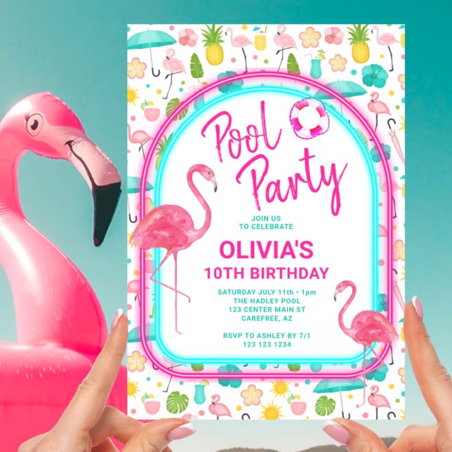 Tropisk Flamingo Pool Party Födelsedag Inbjudningar (Skapare uppladdad)