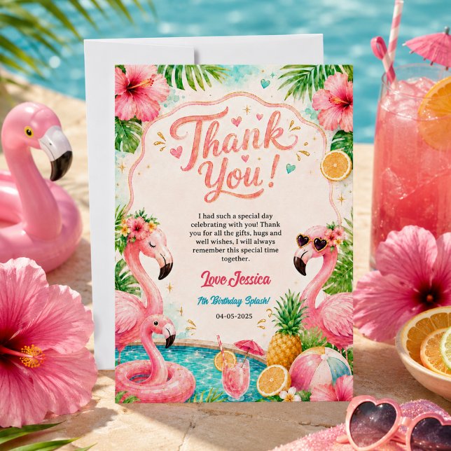 Tropisk Flamingo Poolparty 7-års Födelsedagsstänka Tack Kort (Tropical Flamingo Pool Party 7th Birthday Splash Thank You Card
)