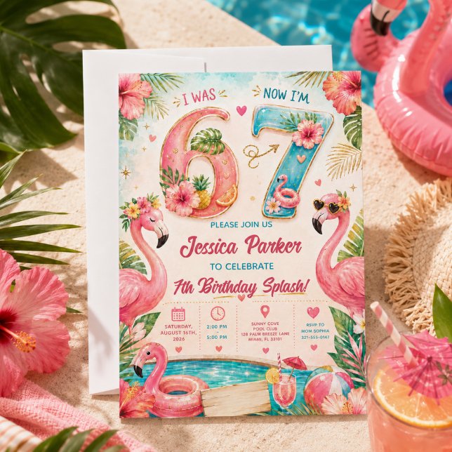 Tropisk Flamingo Poolparty 7-års Splash-fest Inbjudningar (Tropical Flamingo Pool Party 7th Birthday Splash Invitation
)