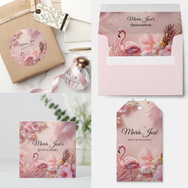 Tropisk Flamingo Quinceañera, sedvänja Presentetikett (Skapare uppladdad)