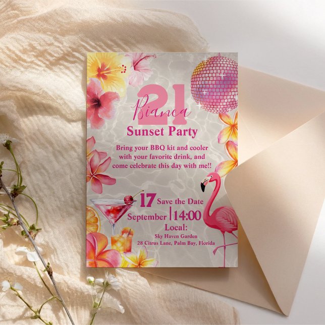 Tropisk Flamingo Solnedgångs Party Födelsedags Coc Inbjudningar (Tropical Flamingo Sunset Party Birthday Cocktail Invitation)