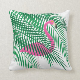 Tropisk Flamingo som gömmas i handflatanlöv på vit Kudde