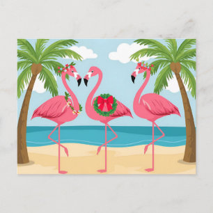 Tropisk Flamingo Strand Julkrans Högtid Helg Vykort