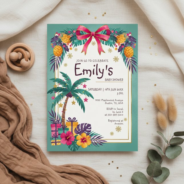 Tropisk födelsedagsinbjudan för bebis med ananas inbjudningar (Colorful tropical baby shower invitation inspired by summer island style)