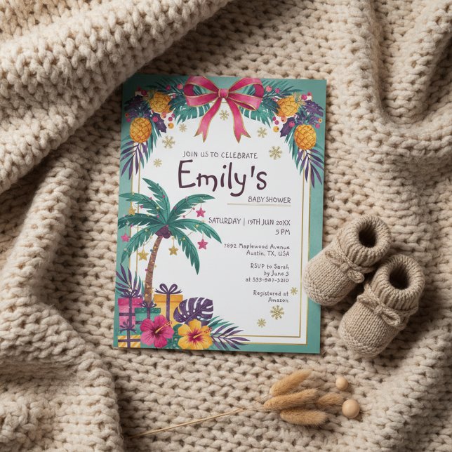 Tropisk födelsedagsinbjudan för bebis med ananas inbjudningar (Tropical pineapple baby shower invitation with colorful florals and summer vibes)