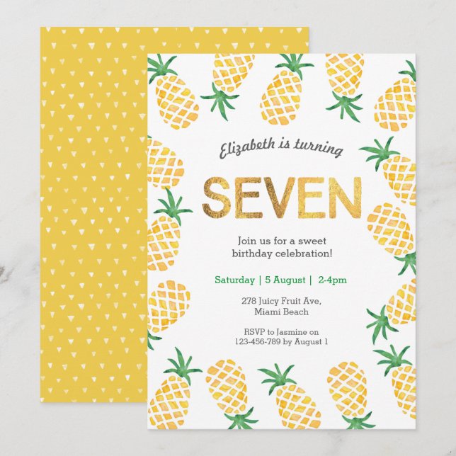 Tropisk födelsedagsinbjudan med ananas till 7-årsd inbjudningar (Fram/baksida)
