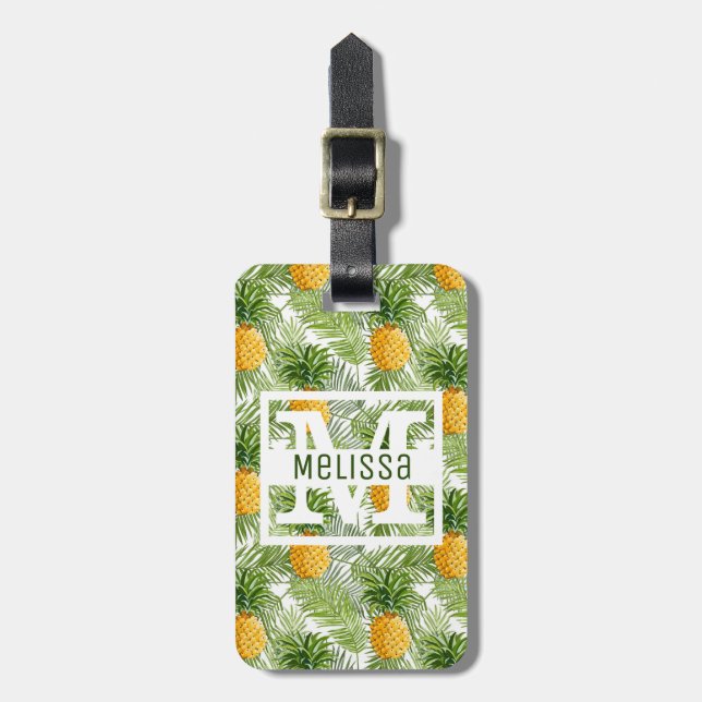 Tropisk för handflatanlöv- & ananas | Monogram Bagagebricka (Vertikal Framsida)