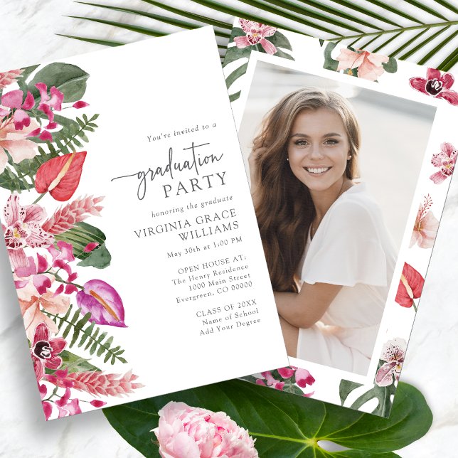 Tropisk Foto Examen Inbjudningar (Tropical Floral Photo Graduation Party Invitation by Painted Paperie
)