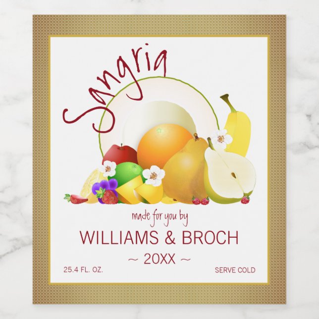 Tropisk frukt Citrus Cornucopia Sangria Bröllop Vinflaska Etikett (Singel etikett)